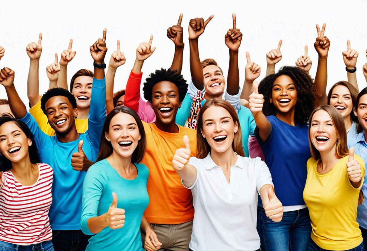 A joyful scene featuring a diverse group of people using scanners to create positive feedback, showcasing vibrant thumbs up icons morphing into cheerful smiles above their heads. The background should be filled with colorful graphics representing data analysis and satisfaction. The setting is bright and inviting, symbolizing connection and happiness through technology. super-realistic. vibrant colors. white background.