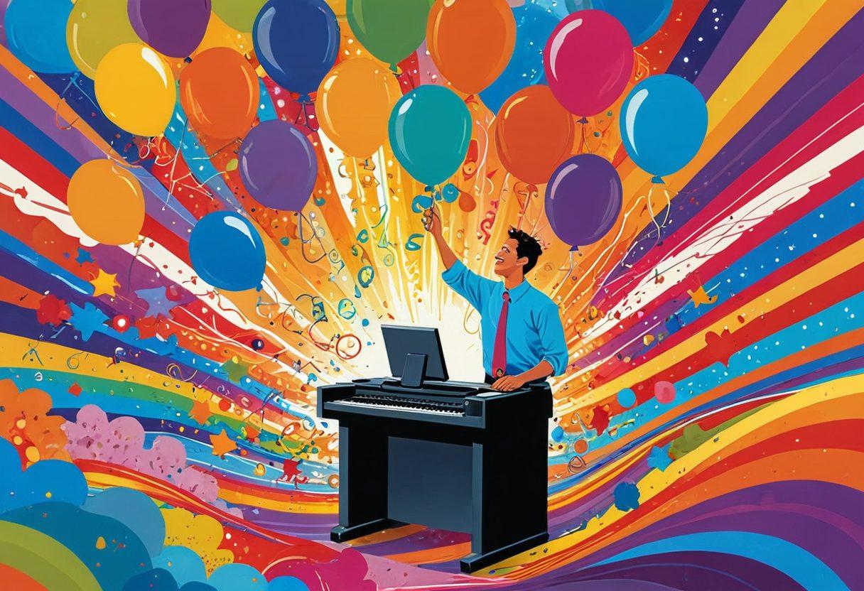 A vibrant scene depicting a person joyfully scanning documents, surrounded by colorful, abstract representations of happiness like flowers, sunshine, and balloons. The scanner emits cheerful rays of vibrant colors, emphasizing the joy of organization and positivity. The background is filled with whimsical patterns that inspire creativity and cheerfulness. surreal art style. bright colors. whimsical elements.