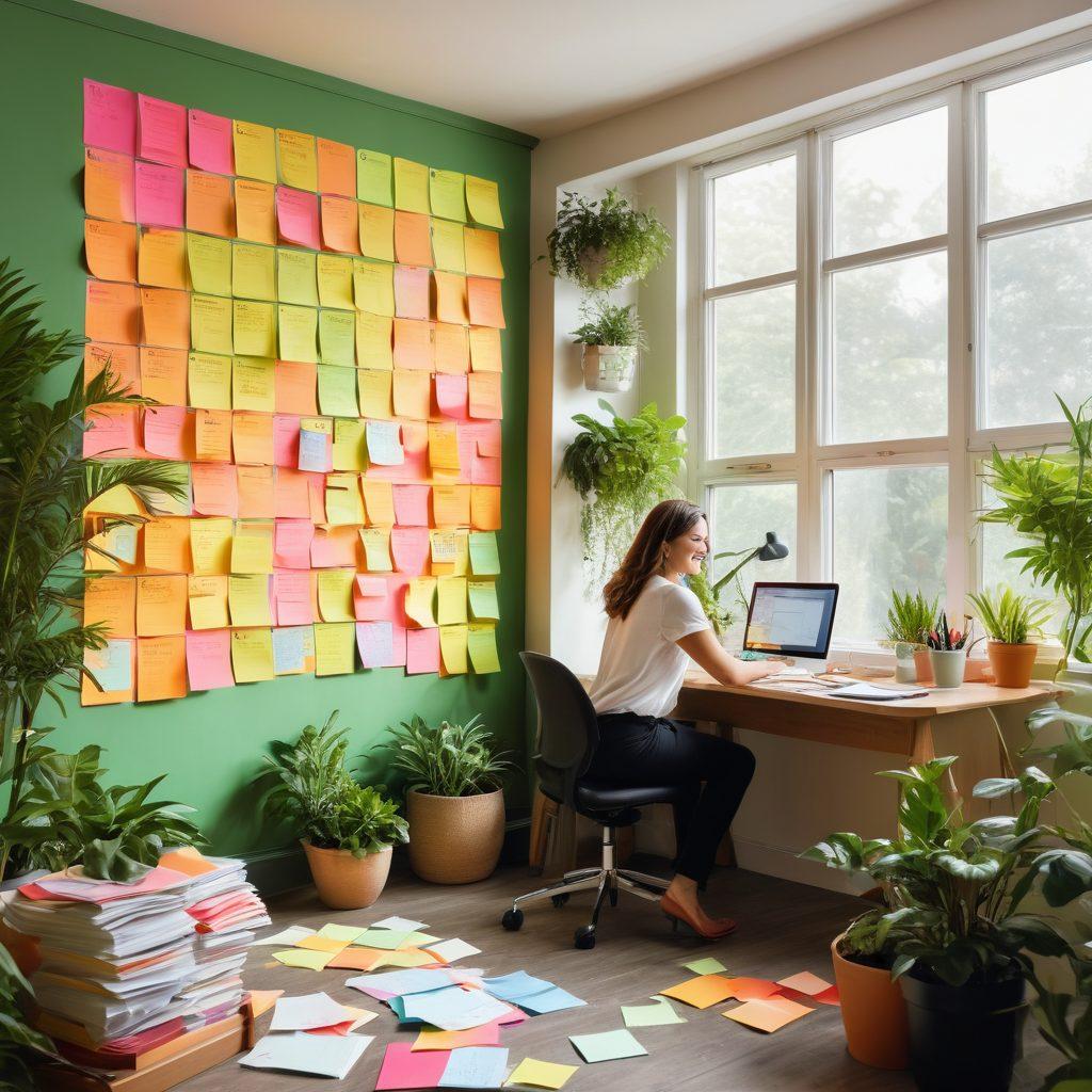 A vibrant office space filled with colorful sticky notes, cheerful documents organized in lively folders, a joyful person smiling while managing paperwork, surrounded by plants and a bright window letting in sunlight. super-realistic. vibrant colors. clean background.